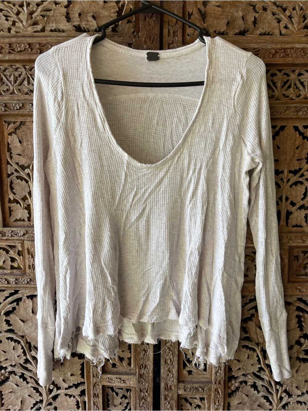 We The Free Raw-Edge Waffle Knit Long Sleeve Top in Off-White